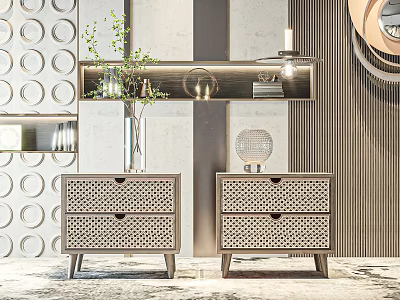 Modern Double Nightstands With Woven Texture Drawers Circular Wall Design And Pendant Light 3d model