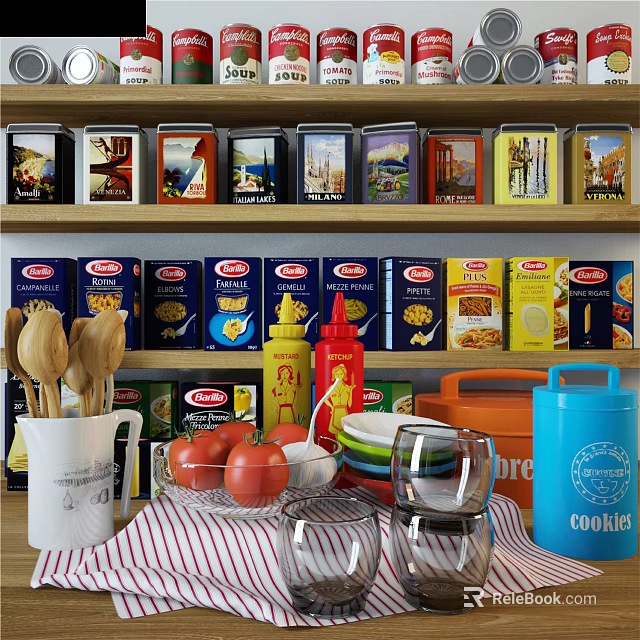 Kitchen Utensils Display With Wooden Spoons Tomatoes Glass Cups And Boxed Food On Shelves 3d model 