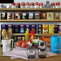 Kitchen Utensils Display With Wooden Spoons Tomatoes Glass Cups And Boxed Food On Shelves