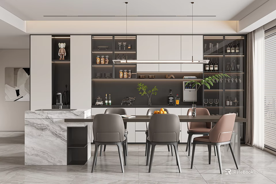 Modern Restaurant Interior With Marble Dining Table Comfortable Chairs And Hanging Lights 3d model 