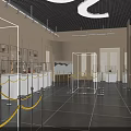 Spacious Modern Interior Entrance With White Columns Black Floor And Shelves Lighting