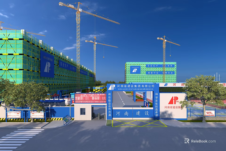 Construction Site with Green Buildings Tower Cranes and Henan Construction Blue Entrance Gate 3d model 