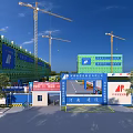 Construction Site with Green Buildings Tower Cranes and Henan Construction Blue Entrance Gate