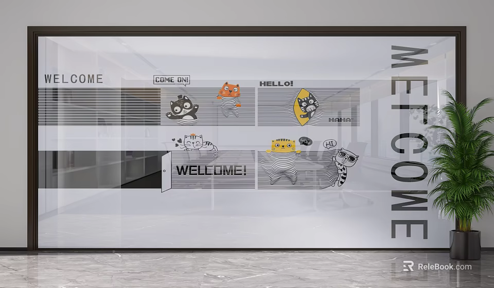 Glass Partition With Decorative Cartoon Patterns And Welcome Text For Office 3d model