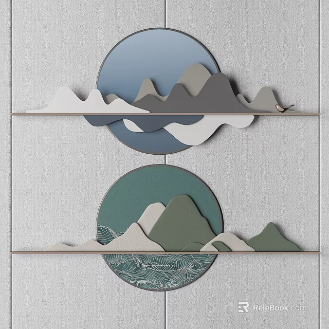 Chinese Style Wall Decor With Circular Mountain Water Layered Art Design 3d model