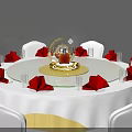 Round Dining Table Set With White Tablecloth Gold Rotating Centerpiece White Chairs Red Napkins Glassware