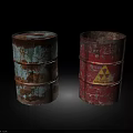 Old Rusty Metal Barrels Blue Brown And Red With Yellow Warning Symbol