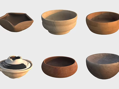 Collection of Handmade Wooden and Ceramic Bowls in Diverse Shapes and Textures 3d model