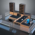 Modern Office Interior Scene With Wooden Shelves Black Tables Chairs And Transparent Partitions