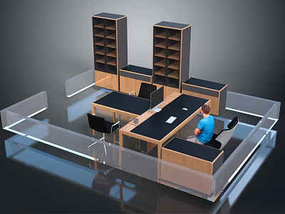 Modern Office Interior Scene With Wooden Shelves Black Tables Chairs And Transparent Partitions 3d model
