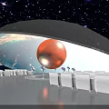 Immersive Space Themed Room With Starry Ceiling Curved Screen Digital Planet And White Sofas
