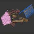 Rustic Thatched Tent with Wooden Fence Bench and Mats Setup Scene