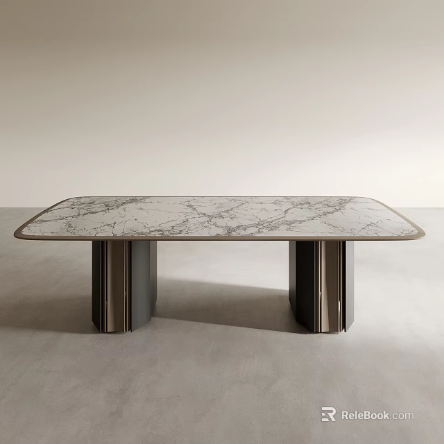 Modern Rectangular Dining Table Set with Veined Marble Top and Sleek Metal Legs 3d model 