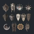 Various Decorative Shield Designs With Intricate Patterns And Ornate Metal Details