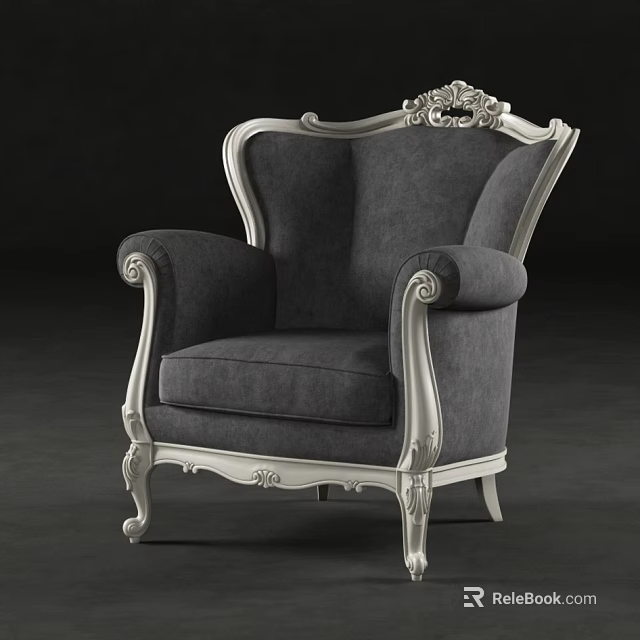 Classic Single Sofa with Ornate Carvings White Frame and Gray Upholstery Design 3d model 
