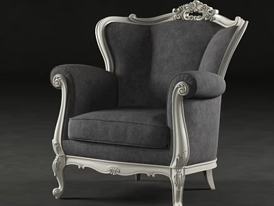 Classic Single Sofa with Ornate Carvings White Frame and Gray Upholstery Design 3d model