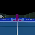 Multiple Blue Sports Courts With Pink Net Posts Green Fencing And White Building
