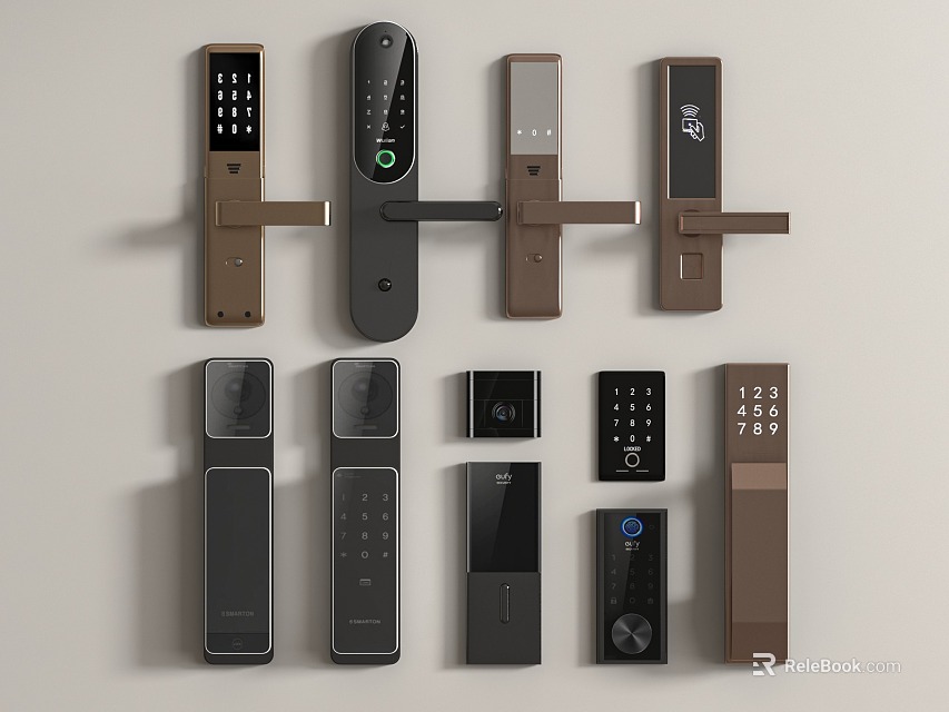 Modern Door Handles With Various Smart Lock Designs And Metal Finishes On 3d model 