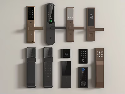 Modern Door Handles With Various Smart Lock Designs And Metal Finishes On 3d model