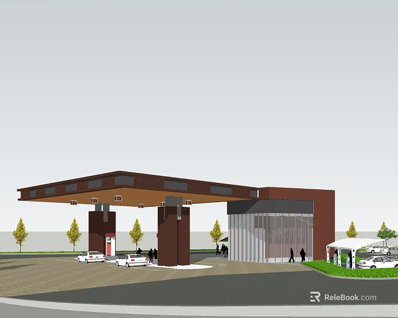 Building Exterior Wall Design Featuring Glass Curtain Brown Canopy Trees And Vehicles 3d model 