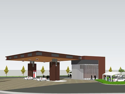 Building Exterior Wall Design Featuring Glass Curtain Brown Canopy Trees And Vehicles 3d model