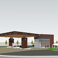 Building Exterior Wall Design Featuring Glass Curtain Brown Canopy Trees And Vehicles