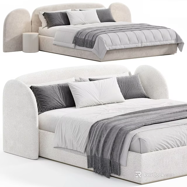Modern Upholstered Double Bed With Curved Headboard Gray White Bedding And Pillows 3d model 