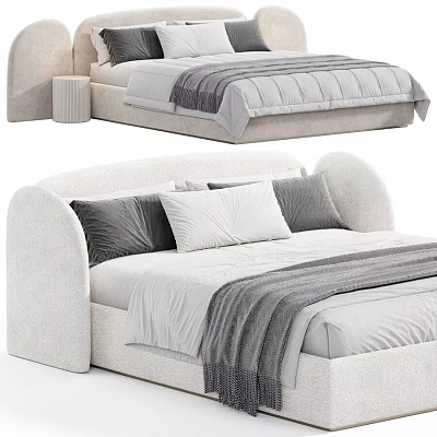 Modern Upholstered Double Bed With Curved Headboard Gray White Bedding And Pillows 3d model