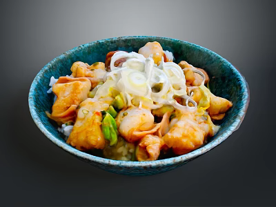 Delicious Mixed Chicken Vegetable Bowl With Onions In Blue Ceramic Dish 3d model