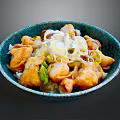 Delicious Mixed Chicken Vegetable Bowl With Onions In Blue Ceramic Dish