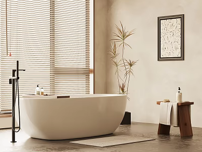Elegant Modern Bathroom Featuring White Freestanding Bathtub Window Blinds And Potted Plant 3d model
