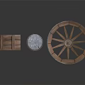 Vintage Wooden Wheel Display With Wooden Crate And Barrel On Gray Surface