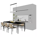 Modern Kitchen Dining Table Set With Black Table Beige Chairs White Cabinets And Pendant Lights 3d model