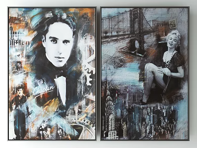 Artistic Portrait Paintings Featuring Male And Female Figures With Urban Elements 3d model