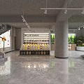 Modern Restaurant Interior With Food Shelves Fresh Produce Fruit Display Concrete Ceiling And Large Windows