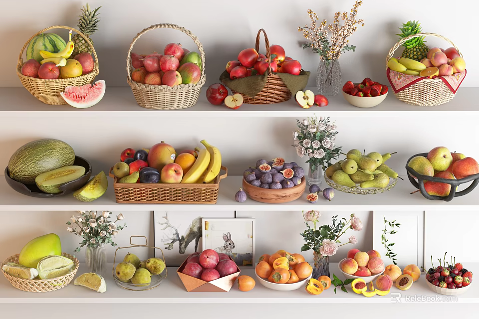 Fresh Fruits Display in Baskets and Bowls Featuring Various Types Apples Bananas Strawberries on Shelves 3d model 