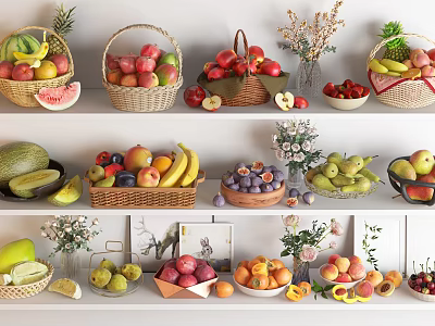 Fresh Fruits Display in Baskets and Bowls Featuring Various Types Apples Bananas Strawberries on Shelves 3d model