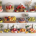 Fresh Fruits Display in Baskets and Bowls Featuring Various Types Apples Bananas Strawberries on Shelves