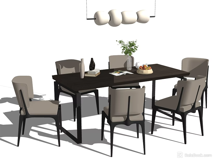 Modern Dining Table Set With Black Table Gray Chairs And Hanging Pendant Lights 3d model
