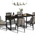 Modern Dining Table Set With Black Table Gray Chairs And Hanging Pendant Lights 3d model