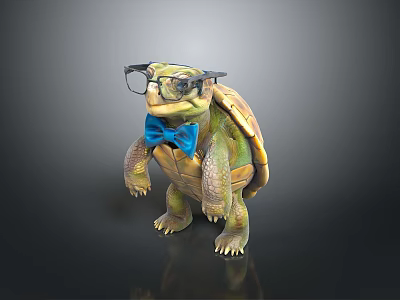Adorable Turtle Wearing Black Glasses And Blue Bow Tie On Dark Reflective Surface 3d model