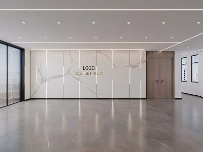 Modern Reception Area With Logo Marble Wall Wooden Door And Floor To Ceiling Windows 3d model