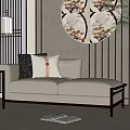 Beige Chaise Lounge in Chinese Style Living Room with Wooden Screen Circular Painting and Cushions