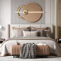 Modern Elegant Bedroom Interior With Upholstered Headboard Round Mirror Pendant Lights And Decorative Pillows