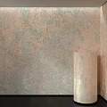 Rolled Wallpaper Component with Glossy Finish on Light Brown Wall with Green Textures