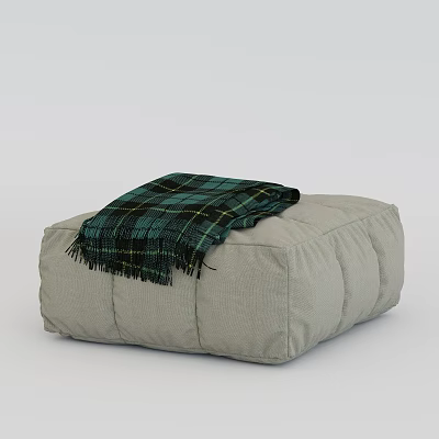 Cozy Gray Ottoman With Green Plaid Fringe Blanket For Living Room Decor 3d model