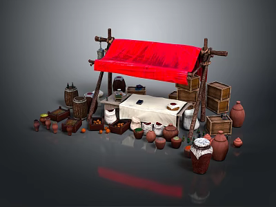 Traditional Market Stall With Red Canopy Wooden Crates Clay Pots And Oranges 3d model