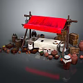 Traditional Market Stall With Red Canopy Wooden Crates Clay Pots And Oranges