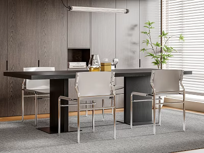 Modern Black Dining Table With Metal Legs And Chairs Near Potted Plant And Hanging Light 3d model