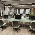 Public Office Space Featuring Long Desks With Computers Green Chairs Large Plant And Wooden Flooring